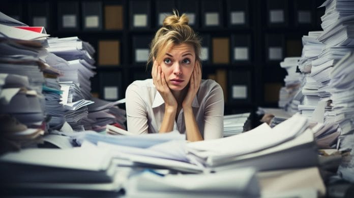 A frustrated woman sits in a cluttered office with disorganized paperwork.