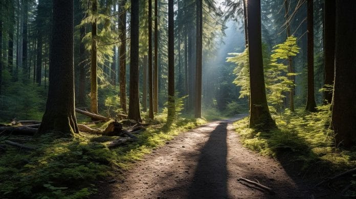 A serene forest path with sunlight filtering through the trees.