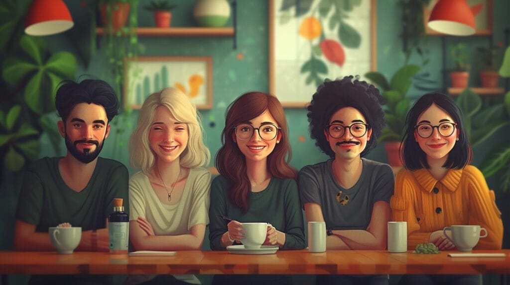 Diverse individuals conversing and sharing support in a cozy café
