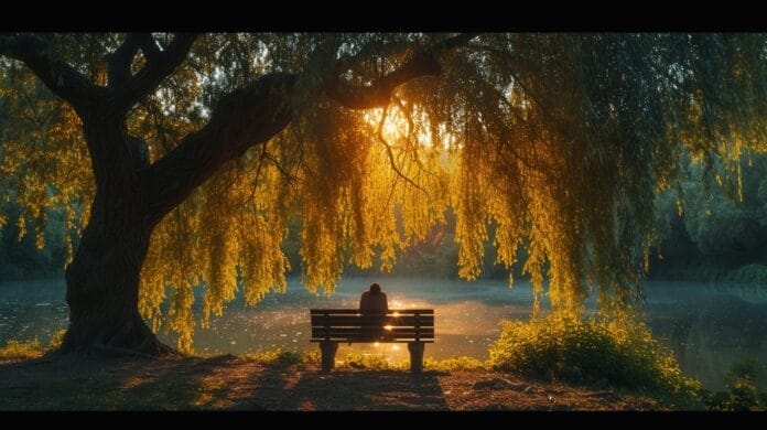 Grieving figure sitting on a bench under a weeping willow tree.