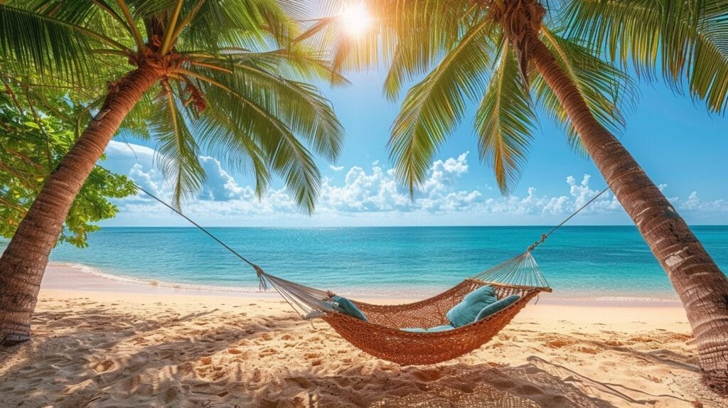 Hammock swaying beneath two palm trees at a serene beach scene.