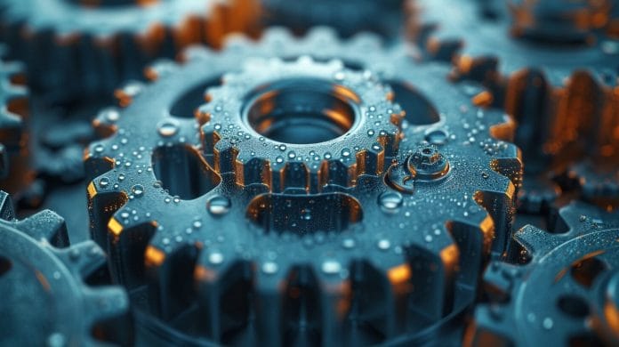 Image of interconnected gears, symbolizing work output in a system or machine.
