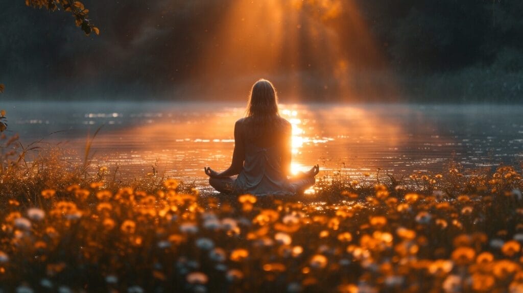 Meditating person in serene natural setting.