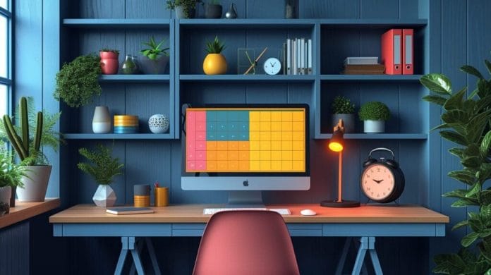 Organized desk with digital calendar, timer, and checklist in clutter-free environment. Tools and Techniques to improve productivity. 