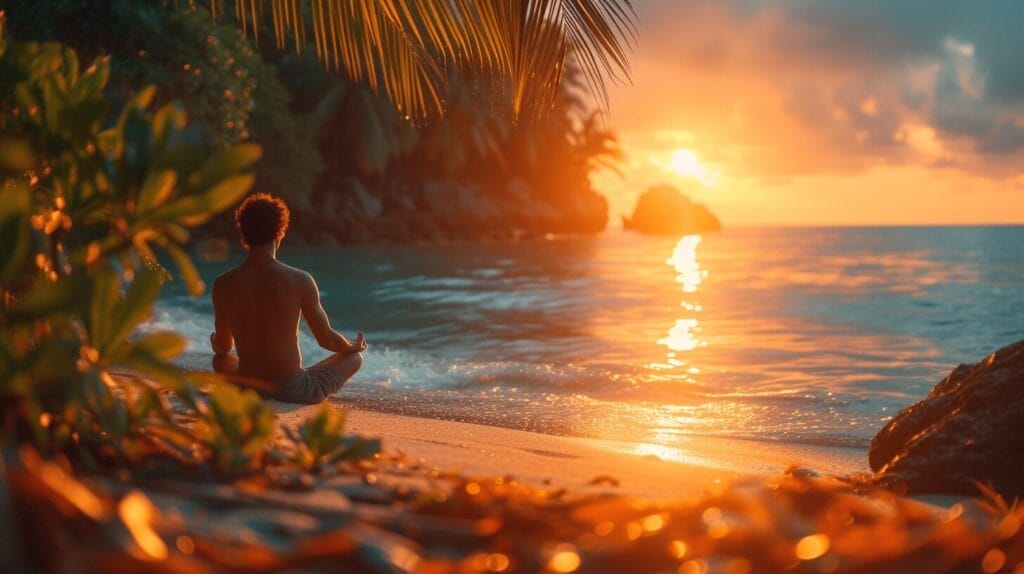  Person doing yoga or meditation at a serene beach surrounded by lush greenery.