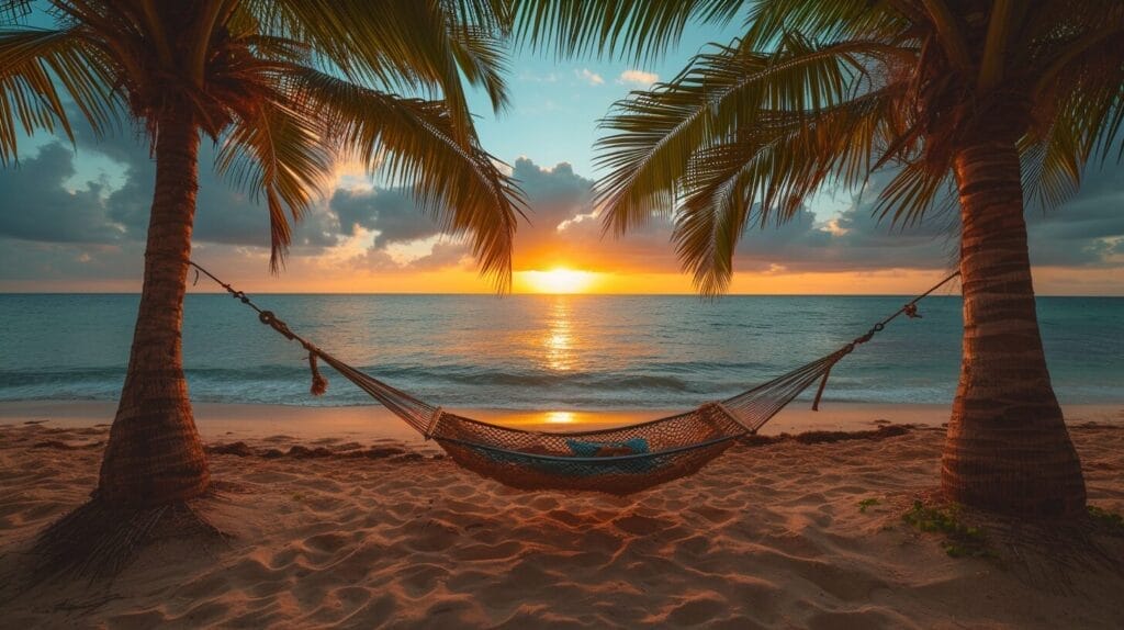 Person sitting relaxed on a hammock between two palm trees at a serene beach sunset.
 work-life balance.