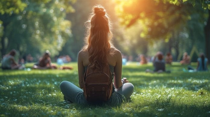 Serene individual sitting in a park, surrounded by friends enjoying various activities. 10 tips to stay socially healthy