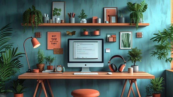 Sleek desk setup with computer, smartphone, notepad, and timer in clutter-free workspace.