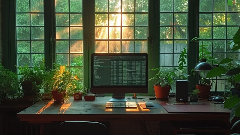 Sleek, minimalist workspace with desk featuring computer screen displaying digital task management tool.