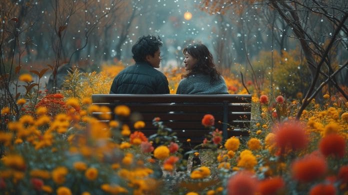 Two people having a heartfelt conversation on a park bench, surrounded by flowers and trees