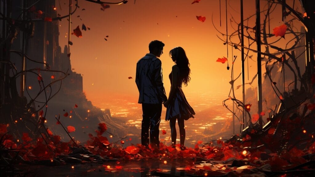 Two silhouettes turning away from a disconnected puzzle heart, set against a stormy background with a wilted rose. Intimacy issues test. 