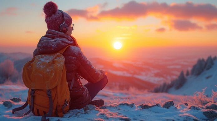 A person wearing headphones and listening to a podcast during a vibrant sunrise over a mountain range, displaying an expression of inspiration and determination.