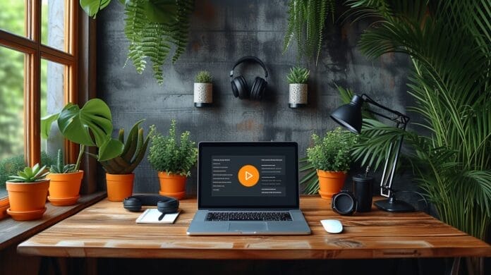 A well-organized desk with a laptop displaying productivity-themed podcast icons, headphones, notepad, and surrounding green plants.
