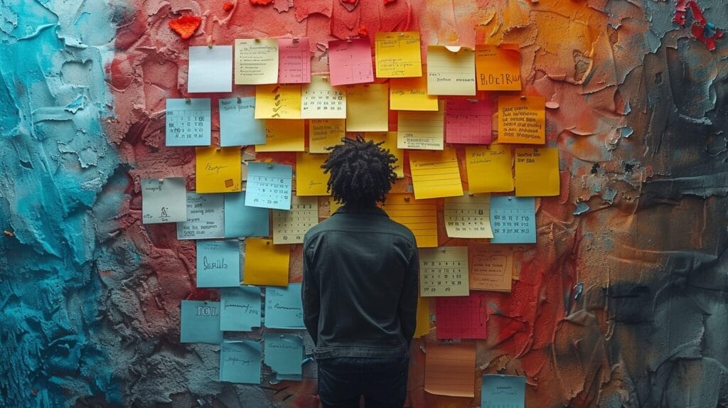 An individual surrounded by sticky notes, categorizing tasks, scheduling deadlines, and checking off tasks, illustrating a shift from procrastination to productivity.