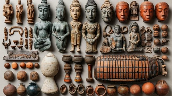 Collection of diverse cultural artifacts from various eras