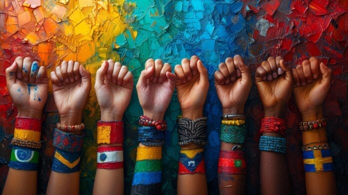 Diverse hands with unique bracelets holding global flags, symbolizing cultural unity in team building.