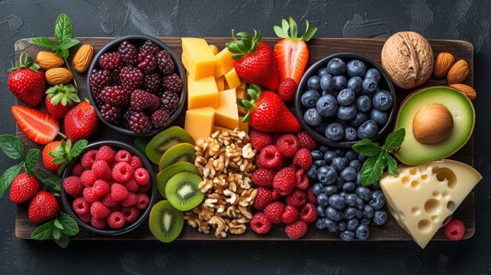 Fresh fruits, nuts, and cheese on a wooden cutting board. are balanced breaks healthy
