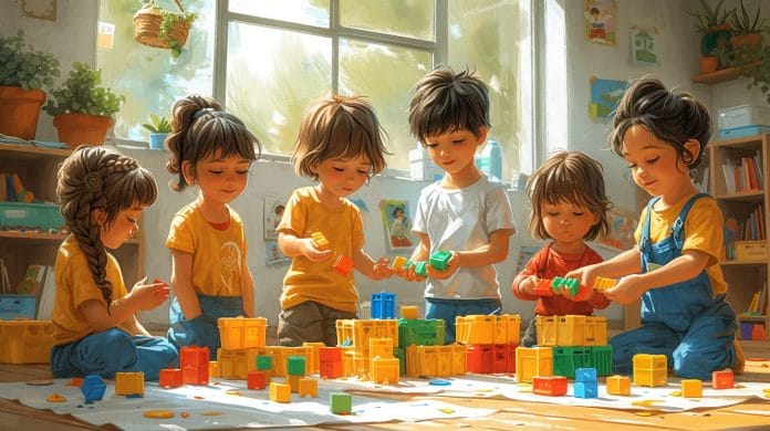 Group of young children engaging in activities representing the First Plane of Development in a Montessori school.