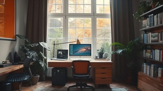 Minimalist workspace with Ali Abdaal's productivity hacks on laptop