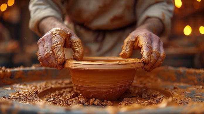 Potter's hands shaping clay into an artifact
