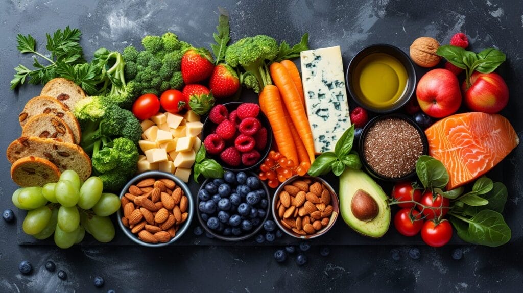 Vibrant assortment of fruits, vegetables, nuts, and cheese.